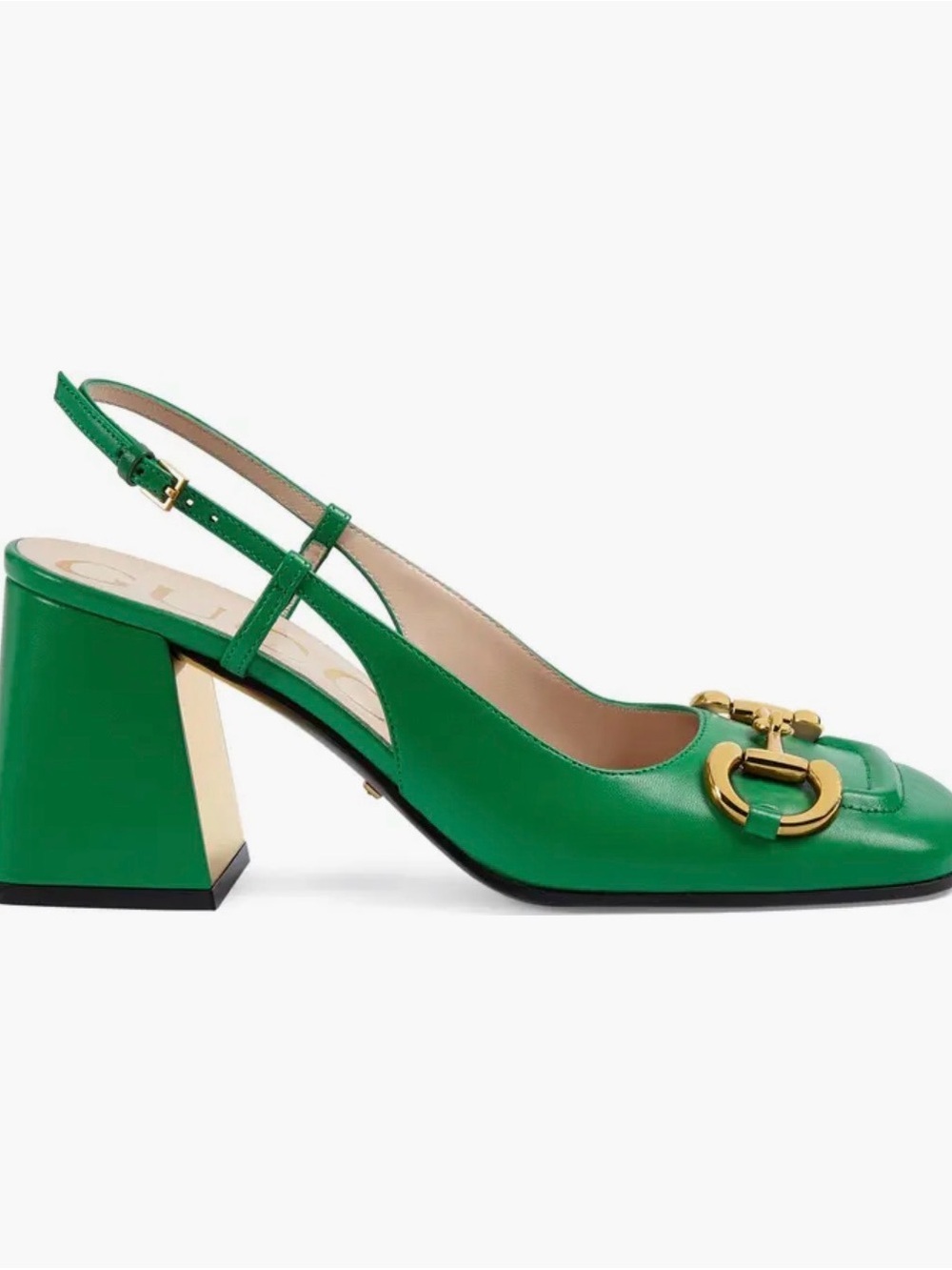 Gucci Emerald Green Leather Slingback Block Heel with Gold Hardware - Picture 2 of 4